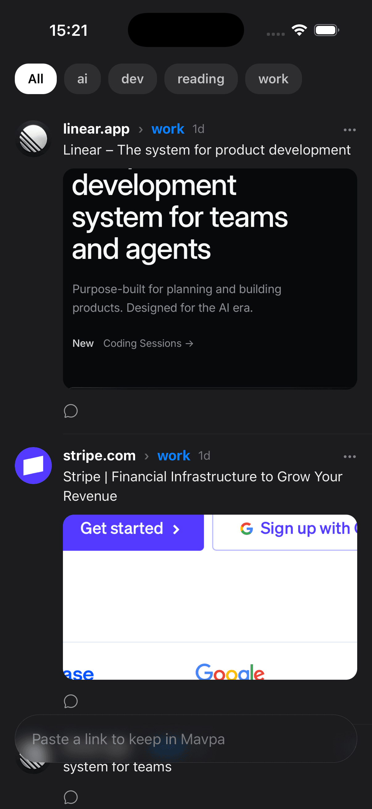 Your feed — each card is a live page